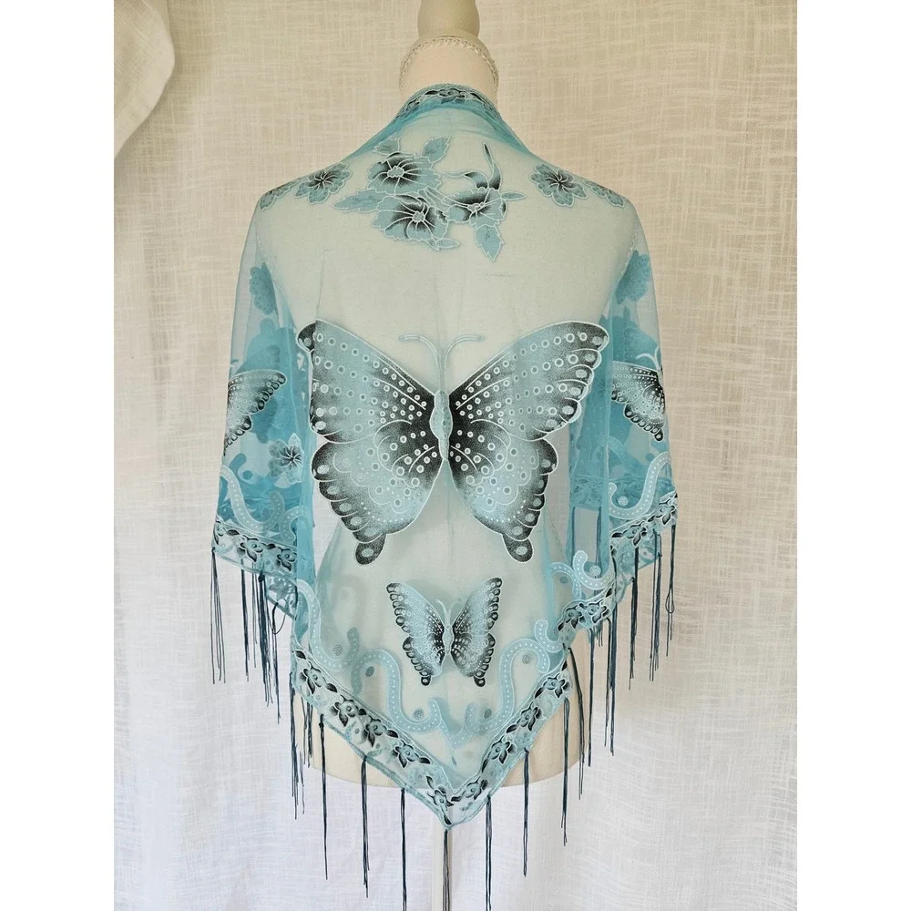 Butterfly Mesh Shawl Womens Scarf Blue Teal Fringe Boho Festival Sheer Fairycore